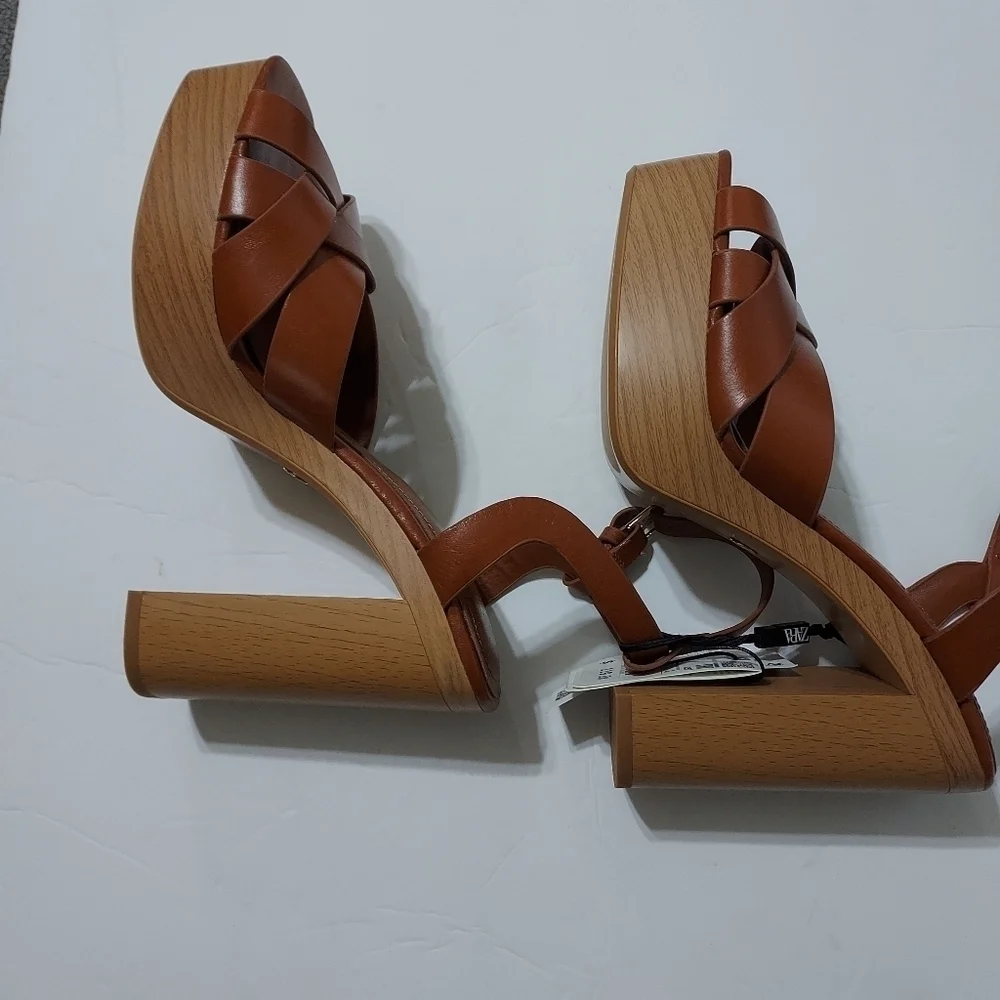 Zara Leather Platform block Wooded heel Crossed Straps sandal Sz-10